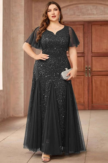 Robe longue mère de la mariée noire scintillante grande taille avec appliques
